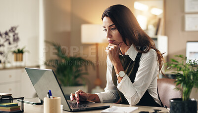 Buy stock photo Woman, doctor or thinking in office with laptop, online consultation or healthcare research. Mature specialist, tech or brainstorming in practice for patient feedback, telehealth or schedule software