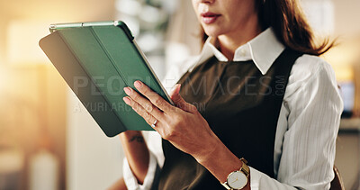 Buy stock photo Tablet, hands and businesswoman in office at night with research for company investment proposal. Digital technology, online and female financial planner with finance capital gain report in workplace