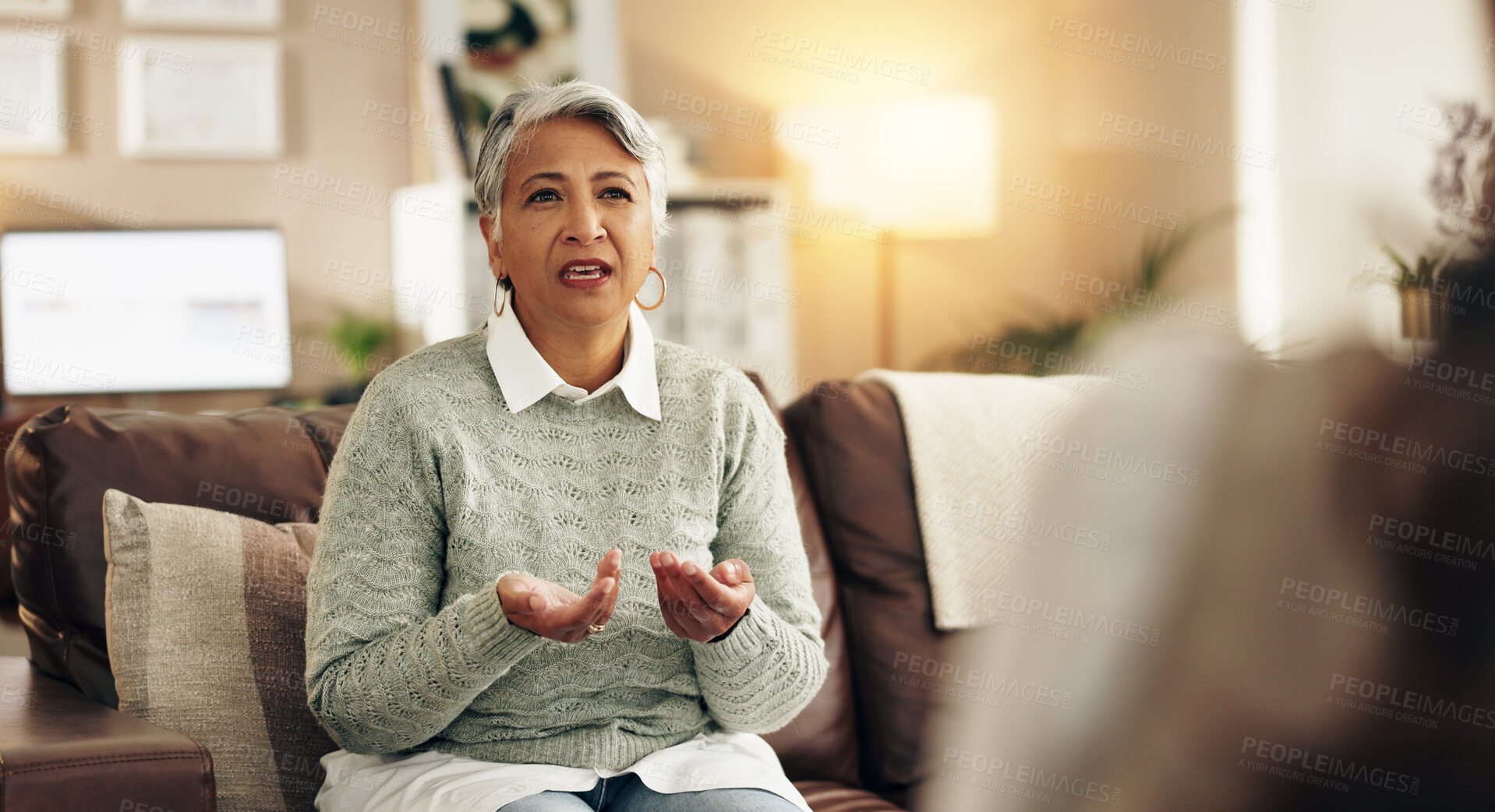 Buy stock photo Conversation, therapist and patient in office for mental health, stress or anxiety at appointment. Discussion, medical and mature woman talking to psychologist for advice in consultation at clinic.