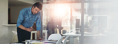 Buy stock photo Businessman, banner and project planning with documents for brainstorming, business performance or analysis at office. Man, employee or company planner with paperwork or lens flare for development