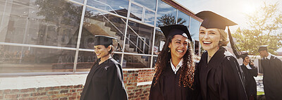 Buy stock photo Graduation, smile and banner with people in college for success, education and scholarship. University degree, future and pride with students in outdoor for campus ceremony, event and achievement