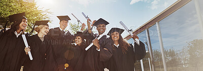 Buy stock photo Friends, excited and graduation celebration with diploma for education success or learning goals on campus. Banner, students or certificate at degree ceremony for college achievement or group support