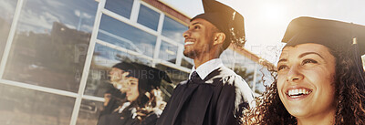 Buy stock photo Group, students and graduation of ceremony outdoor for education diploma, achievement and milestone. Proud, people and banner with university award, announcement and learning goals of academic degree