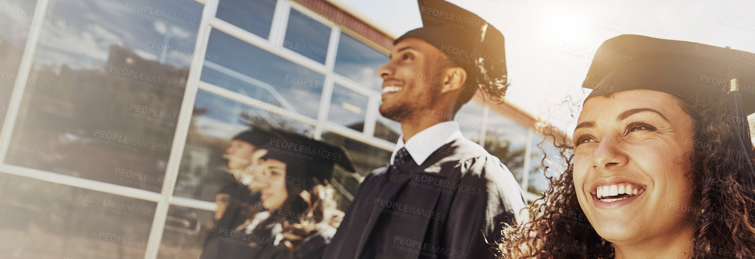 Buy stock photo Group, students and graduation of ceremony outdoor for education diploma, achievement and milestone. Proud, people and banner with university award, announcement and learning goals of academic degree