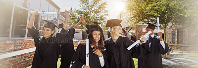 Buy stock photo Graduation, banner and education with students in college for diploma, scholarship and future. University degree, certificate and achievement with people in outdoor for learning, studying and event