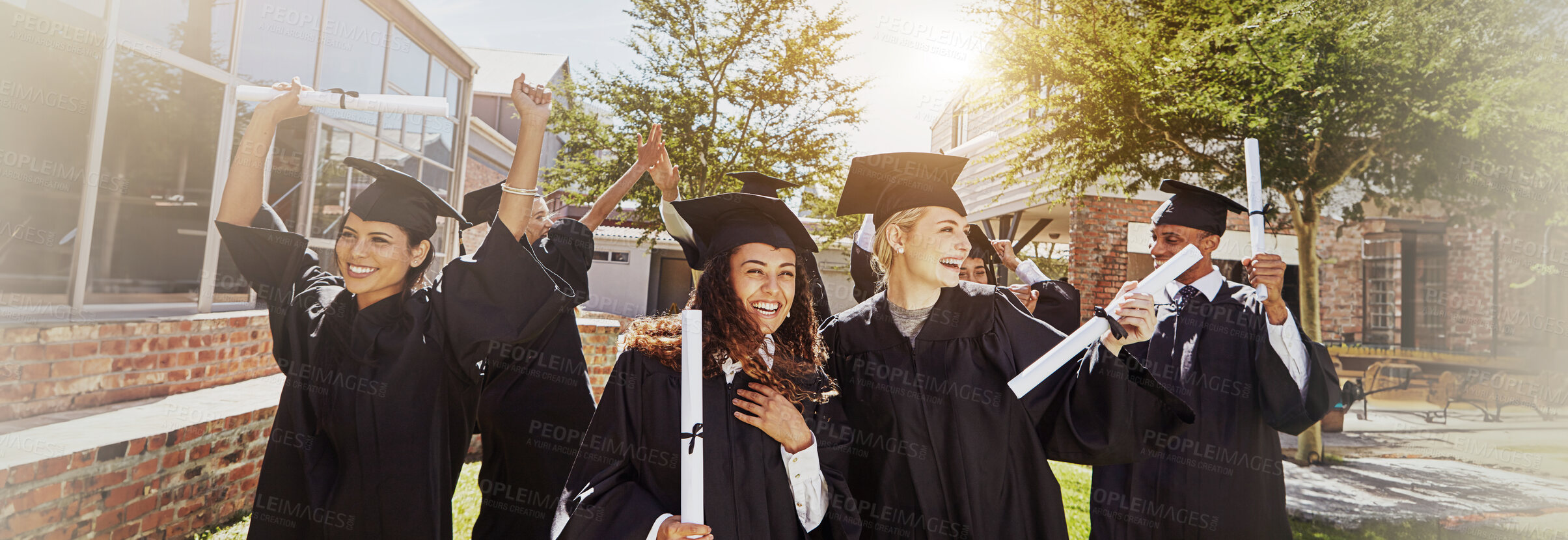 Buy stock photo Graduation, banner and education with students in college for diploma, scholarship and future. University degree, certificate and achievement with people in outdoor for learning, studying and event