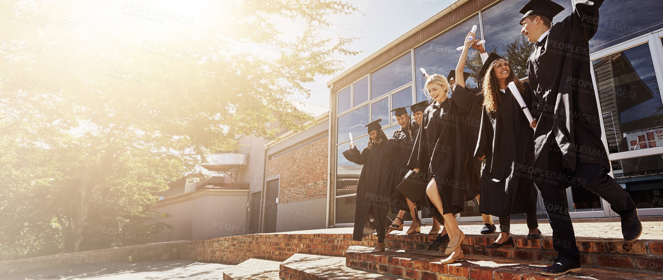 Buy stock photo Graduation, banner and future with students in college for diploma, scholarship and education. University degree, certificate and achievement with people in outdoor for excited, celebration and event
