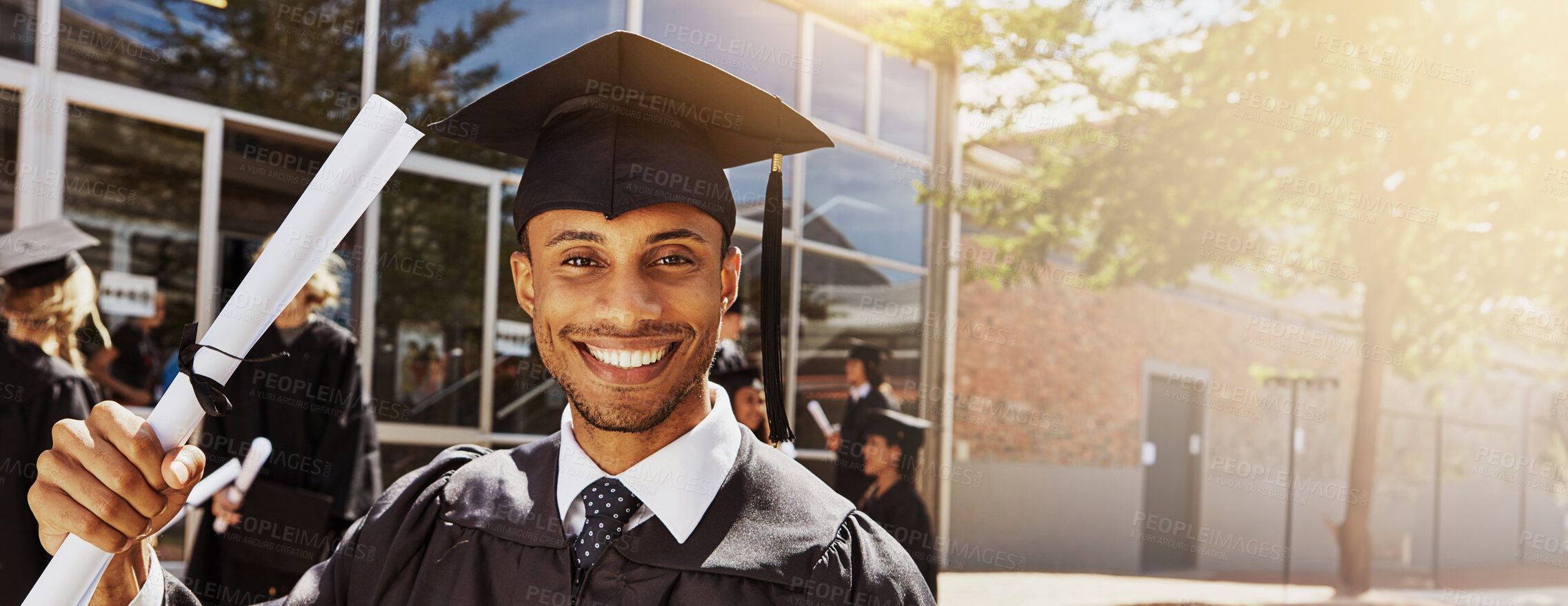 Buy stock photo Portrait, happy man and celebrate graduation with diploma for education achievement at college. Face, smile and graduate student with certificate for goal, milestone or future success on banner space