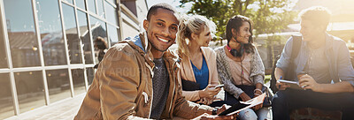 Buy stock photo Banner, students and friends with man in college for study break, education and future. Learning, smile and diversity with group of people in outdoor campus for academy, scholarship and school