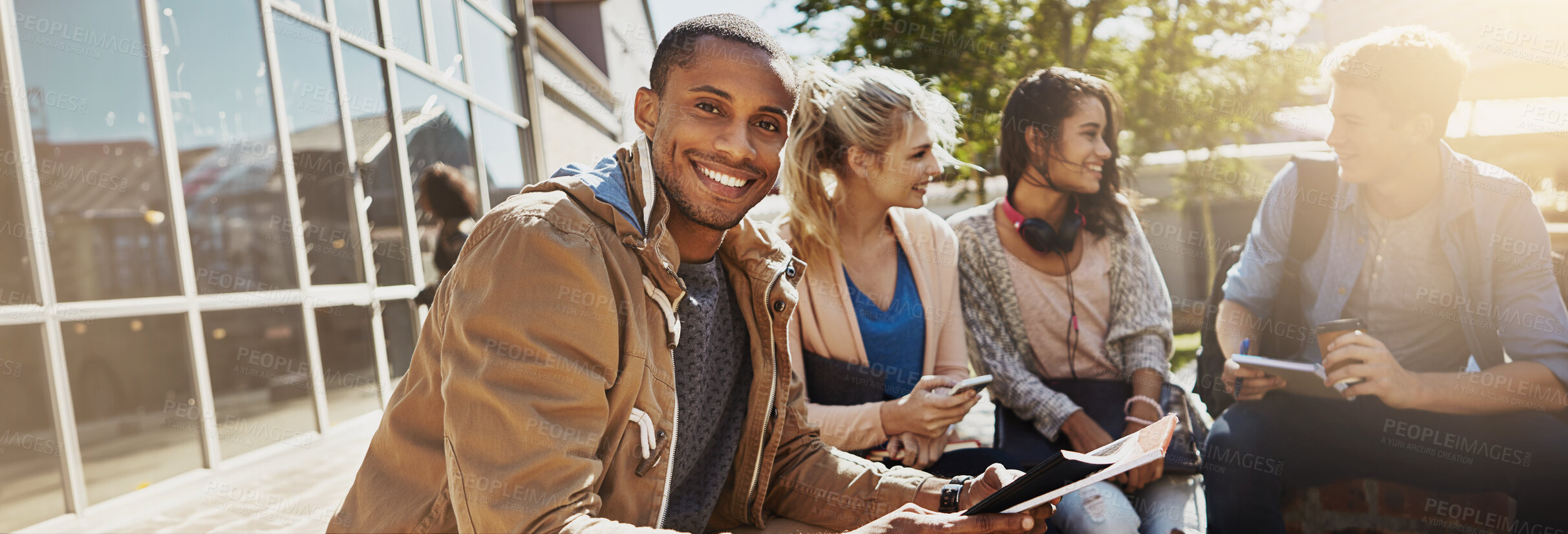 Buy stock photo Banner, students and friends with man in college for study break, education and future. Learning, smile and diversity with group of people in outdoor campus for academy, scholarship and school