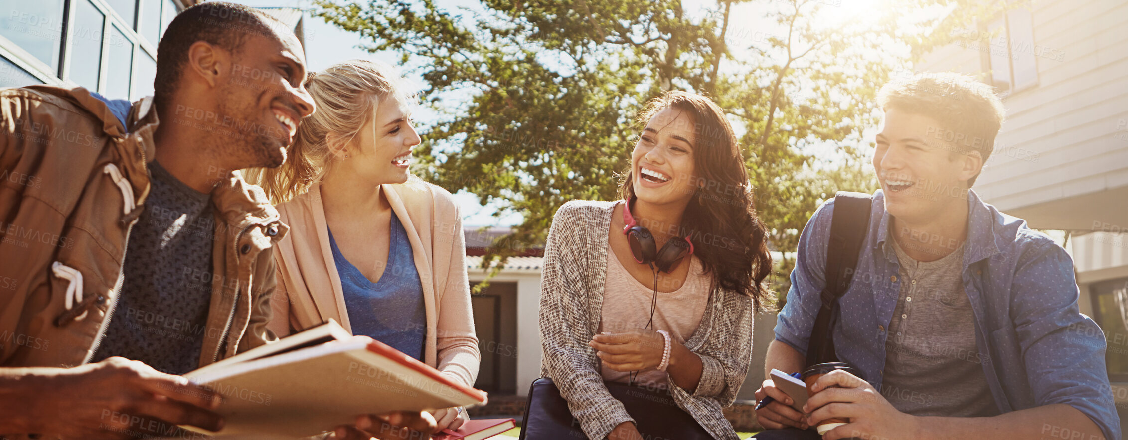 Buy stock photo Low angle, laughing and diversity with students in college for study break, banner and future. Learning, education and friends with group of people in outdoor campus for academy, scholarship or funny