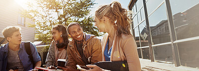 Buy stock photo University, student friends and happy outdoor on campus for learning break, study group and scholarship. Banner, people and relax at college for knowledge development, education or exam preparation