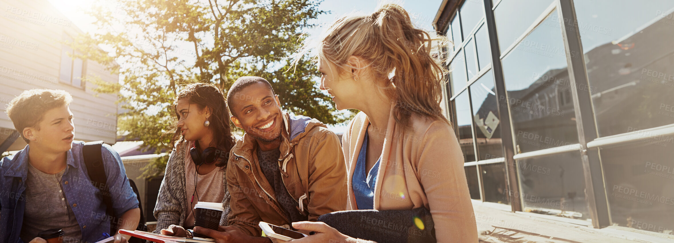 Buy stock photo University, student friends and happy outdoor on campus for learning break, study group and scholarship. Banner, people and relax at college for knowledge development, education or exam preparation