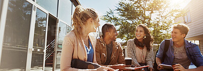 Buy stock photo Banner, happy and friends with people in college for study break, education and future. Learning, university and diversity with group of students in outdoor campus for academy, scholarship and school