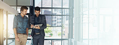 Buy stock photo Help, tablet and business people in office, teamwork and conversation with planning, internet and app. Network, financial consultant and employees in workplace, technology and connection with taxes