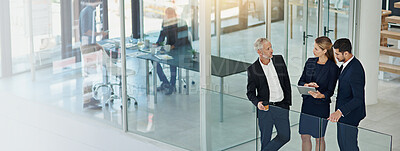 Buy stock photo Banner, above and planning with business people and tablet in office for teamwork, investment banker or advice. Online, budget proposal and network with employees in financial firm for company equity