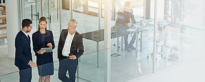Buy stock photo Banner, above and teamwork with business people and tablet in office for planning, investment banker or advice. Online, budget proposal and network with employees in financial firm for company equity