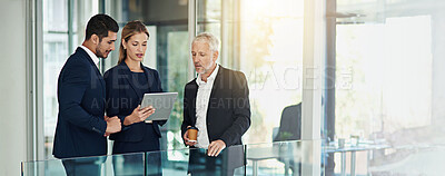 Buy stock photo Banner, discussion and teamwork with business people and tablet for planning, investment banker or advice. Online, budget proposal and network with employees in financial firm for company equity