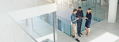 Buy stock photo Banner, above and meeting with business people and tablet in office for planning, investment banker or advice. Online, budget proposal and network with employees in financial firm for company equity