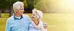 Smile, hug and senior couple in park, love and bonding together with lens flare, banner and romance. Retirement, outdoor and old man with elderly woman, embrace and cheerful with happiness and joy