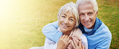 Buy stock photo Senior couple, hug or outdoor in portrait with love, happiness or relax in retirement banner. Elderly man, wife or smile on grass space with affection, commitment or support in relationship in Canada