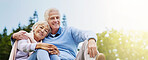 Outdoor, senior couple and happy with hug o portrait to relax, rest and enjoy retirement in Germany. Park, people and smile in relationship as pensioners for bonding, support and care with love