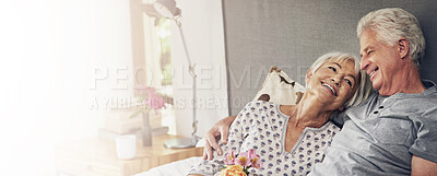 Buy stock photo Elderly couple, hug and smile in bedroom for morning, routine and relax in house with wake up. Senior people, happiness and bonding for relationship, marriage and embrace in retirement as pensioner