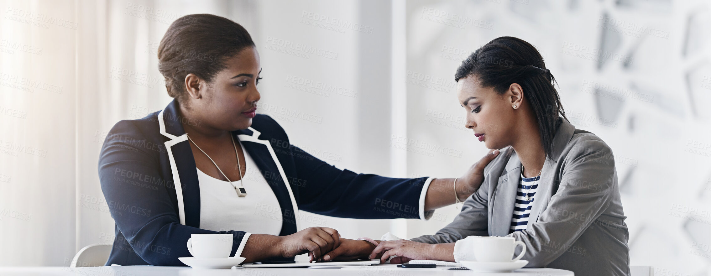 Buy stock photo Banner, women and support with empathy, care and solidarity in office as psychologist for company. Female people, comfort and compassion for grief counselling, conversation and mental health at work