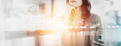 Buy stock photo Double exposure, thinking and business woman in office with ideas, brainstorming and career insights. City overlay, corporate and person with solution to expand company, b2b network and opportunity