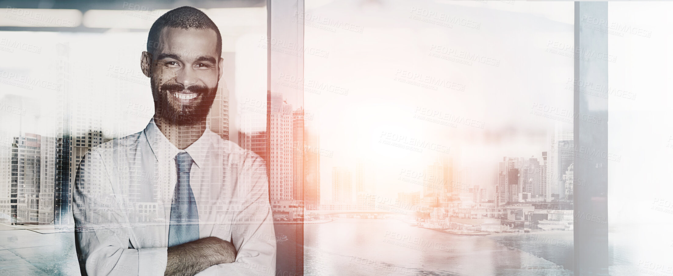 Buy stock photo Portrait, business and man with arms crossed, overlay and lens flare with city background. Face, person and corporate professional with pride, financial agency and accounting with confidence or smile