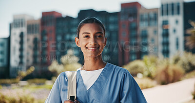 Buy stock photo Nurse portrait, healthcare and woman outdoor for health training program, medicine study or hospital residency. Medical school, student and happy with backpack on campus for education and career path