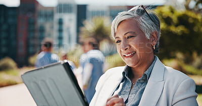 Buy stock photo Mature woman, outdoor and tablet as professor for network, learning and education in medical school. Female person, smile and technology for development, healthcare and lecturer in university campus