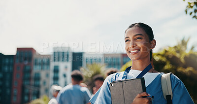 Buy stock photo Outdoor, woman and nurse with tablet, smile and healthcare with connection. Student, medical and professional with technology, online results and report for degree, communication and happiness
