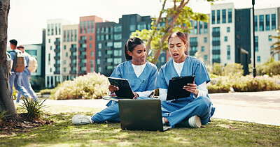 Buy stock photo Medical student, studying and tablet with people in outdoor for college, healthcare and research. Scholarship, internship and doctors with students on hospital campus for laptop and education