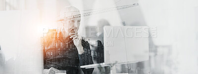 Buy stock photo Urban, development and double exposure of man at laptop with thinking, project plan and architecture. Banner, overlay and architect in office with online ideas, city construction or civil engineering