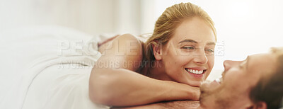 Buy stock photo Bedroom, funny and couple with love, morning and bonding together with happiness. House, romance and man with woman, relax and comfort with smile, relationship and marriage with banner, joy and calm