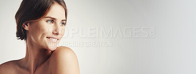 Buy stock photo Beauty, skincare and woman on mockup space thinking for wellness, dermatology and facial treatment. Banner, spa and person in studio for health, salon and anti aging cosmetics on white background