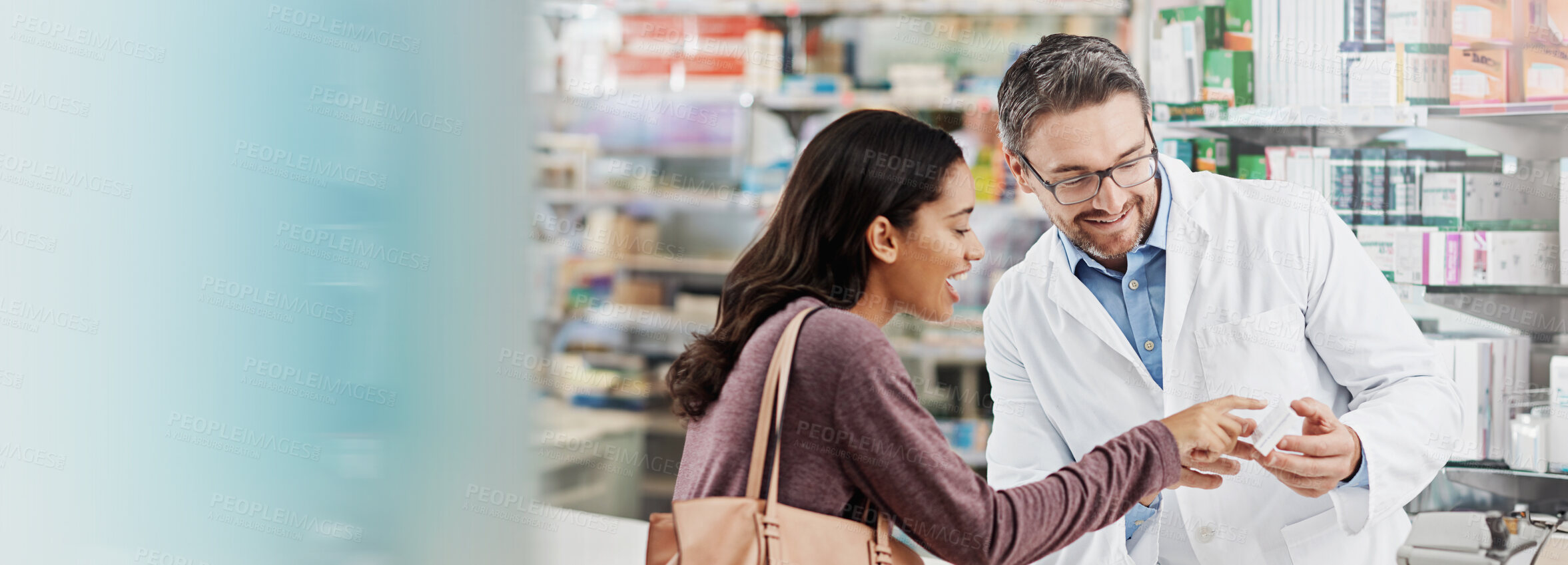 Buy stock photo Pharmacist, customer and smile in pharmacy with box, medication or pill recommendation in banner. Woman, healthcare or mature chemist at counter with expert opinion for pharmaceutical at mockup space