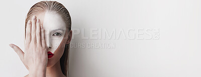 Buy stock photo Creative, makeup and portrait of woman in studio with banner space, abstract cosmetics and aesthetic design. Beauty, skin art and girl with face paint, unique identity and mockup on white background