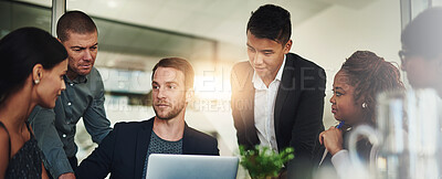 Buy stock photo Man, laptop and team in office with discussion, review and strategy for problem solving with diversity. Leader, staff and project management for risk analysis, group and reading at insurance agency