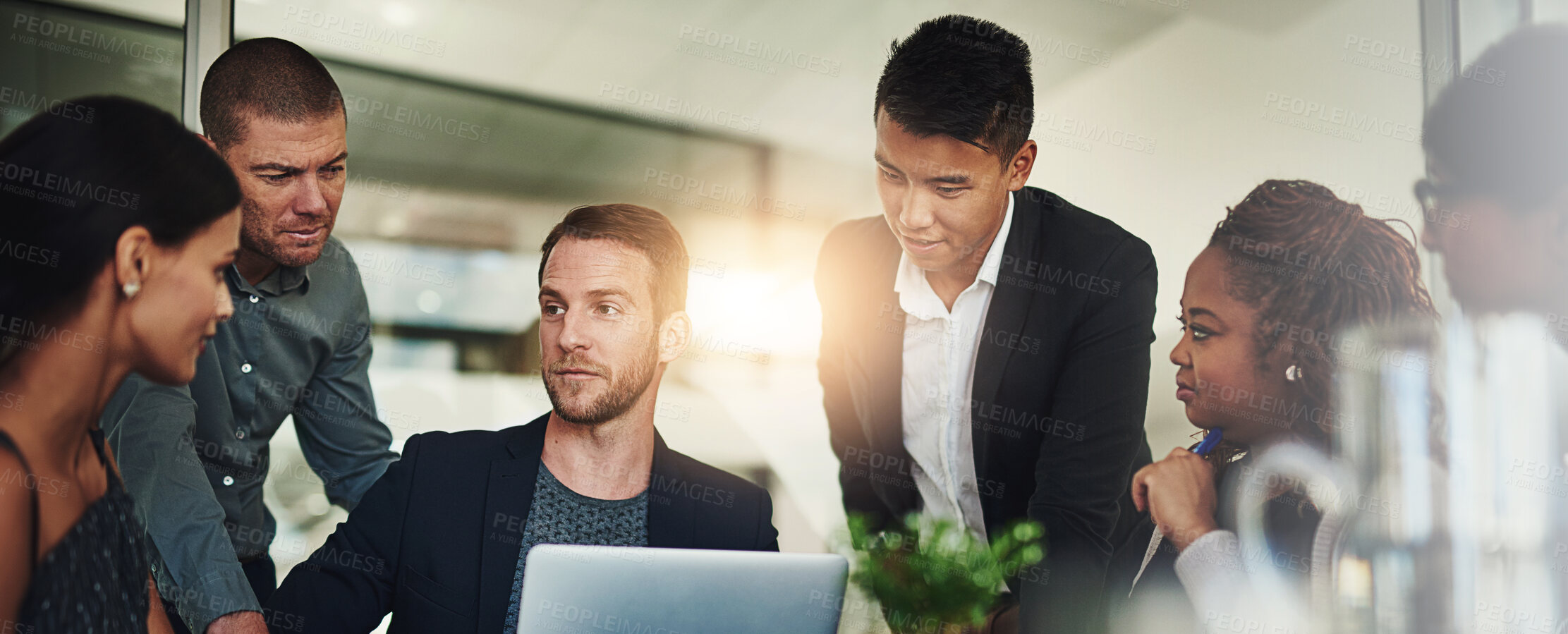 Buy stock photo Man, laptop and team in office with discussion, review and strategy for problem solving with diversity. Leader, staff and project management for risk analysis, group and reading at insurance agency