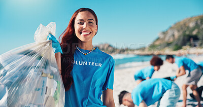 Buy stock photo Volunteer, beach and portrait of woman with trash bag for cleaning dirt, plastic and litter for pollution. Community service, charity and person for environmental care, recycling and climate change