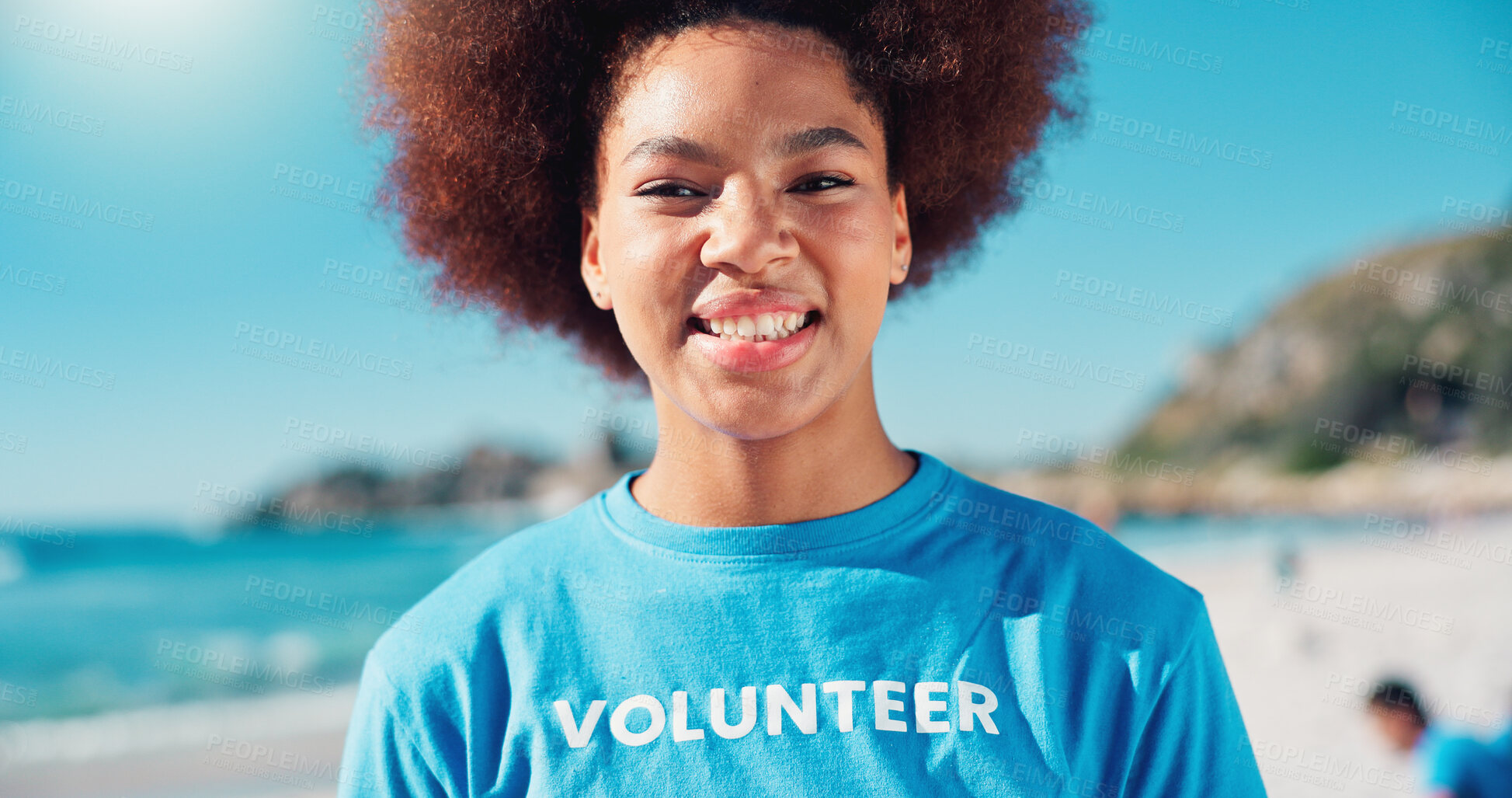 Buy stock photo Volunteer, happy and portrait of African woman on beach for cleaning dirt, plastic and litter for ocean. Community service, charity and person for environmental care, recycling and climate change