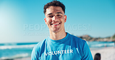 Buy stock photo Volunteer, happy and portrait of man on beach for cleaning dirt, plastic and litter for ocean pollution. Community service, charity and person for environmental care, recycling and climate change