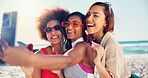 Group, selfie and girl with ice cream at beach, summer or excited with diversity for post on web. Women, happy and desert for photography, hug and profile picture on social media for vacation by sea