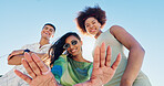 Gen z friends, selfie and girl in low angle, blue sky and fashion with diversity for portrait in sunshine. Woman, group and hands for photography, memory and profile picture with smile in summer