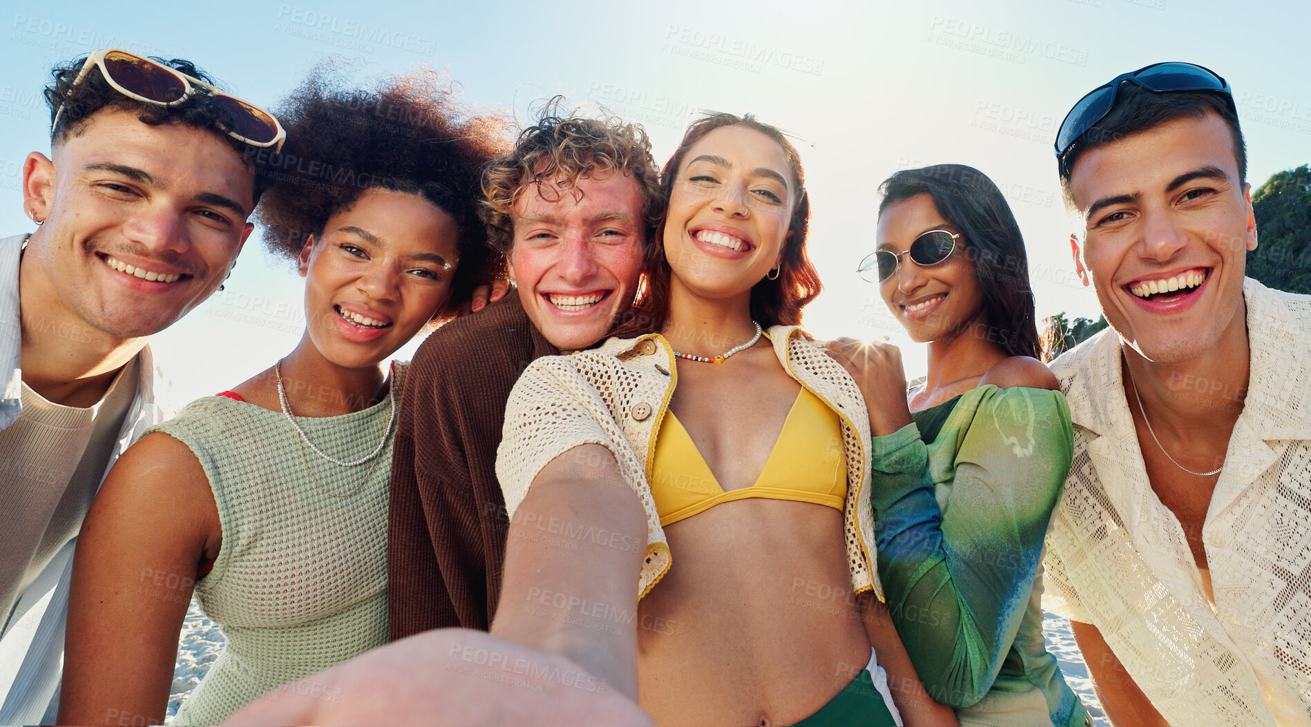 Buy stock photo Selfie, sky and group of people on beach with smile, diversity or outdoor adventure holiday together. Photography, nature and happy friends on ocean vacation with fun, bonding and travel on low angle