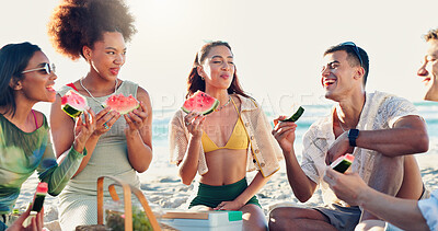 Buy stock photo People, friends and vacation with watermelon at beach, picnic and conversation with eating at reunion. Group, women and men with fruit, happy and outdoor together with diversity by ocean in sunshine