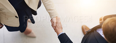 Buy stock photo Handshake, office and above of hands of business people for welcome, greeting and partnership. Corporate, banner and workers with gesture for agreement, b2b deal and collaboration for onboarding