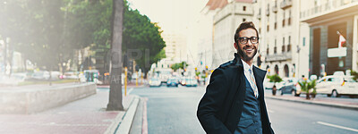 Buy stock photo City, commute and street with business man outdoor, walking to work for start of day or morning. Banner, buildings and smile of happy corporate employee in urban town for journey, travel or trip